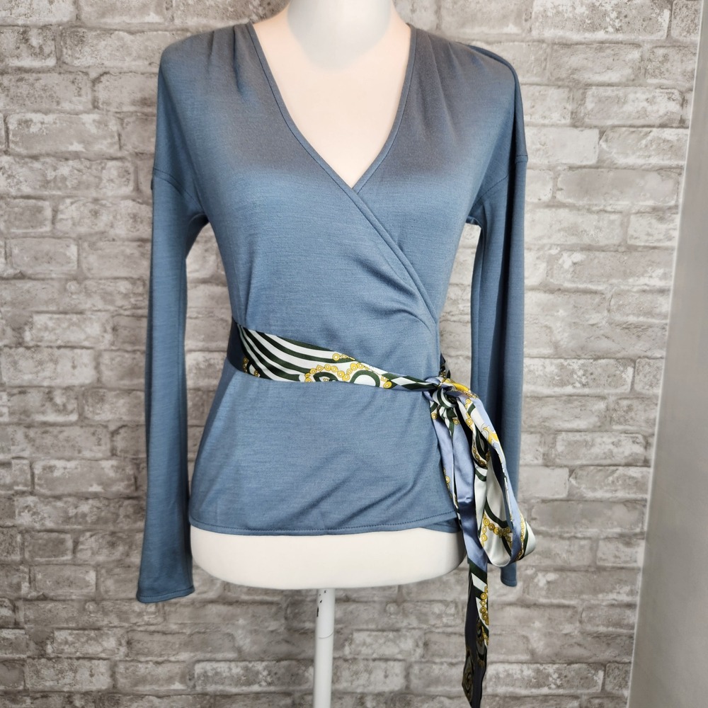 Emilio Pucci Wrap Sweater Blue Gray Wool Silk Blend Printed Sash Size 6 Small